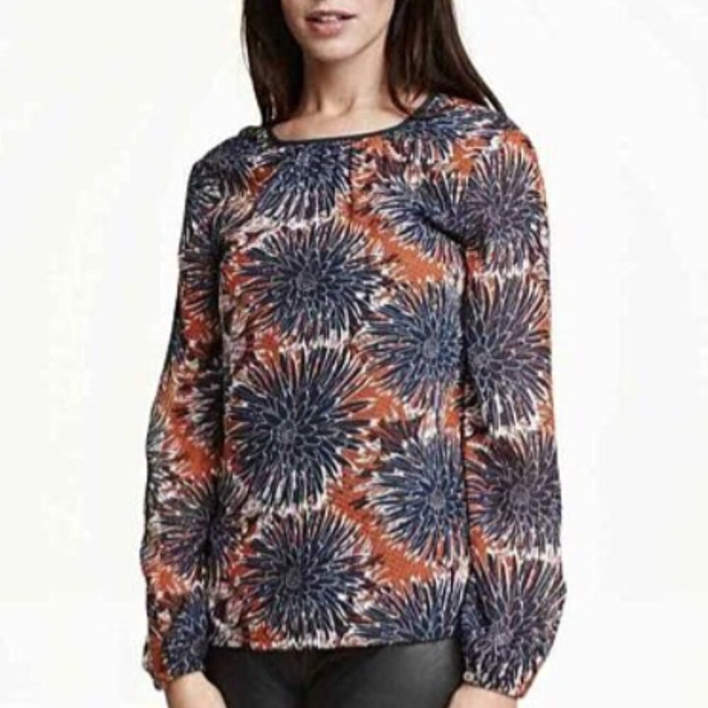 H and M Navy Orange Floral Long Sleeve Blouse Size 2